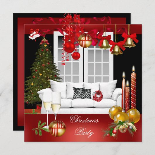 クリスマスクリスマスホリデーパーティレッドホワイトボール 招待状 (正面/裏面)