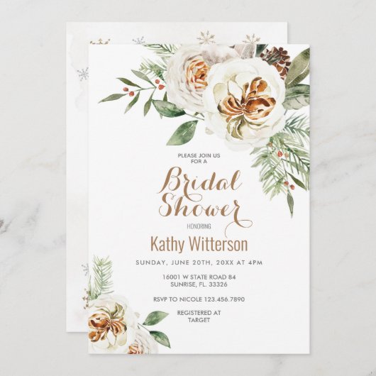 クリスマスクリーミーホワイトウィンターフローラブライダルシャワー 招待状 (正面/裏面)