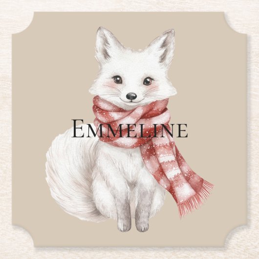 クリスマスクリームレッドホワイトペパーミントキツネと鹿 ペーパーコースター (正面)