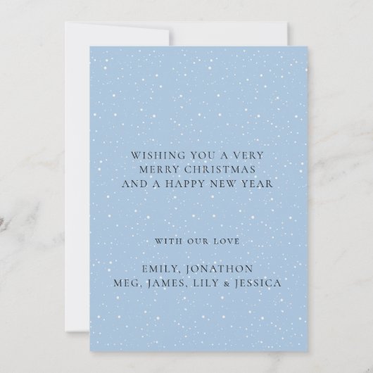 クリスマスクルー家族フォトスノーフレークスブルー シーズンカード (裏面)