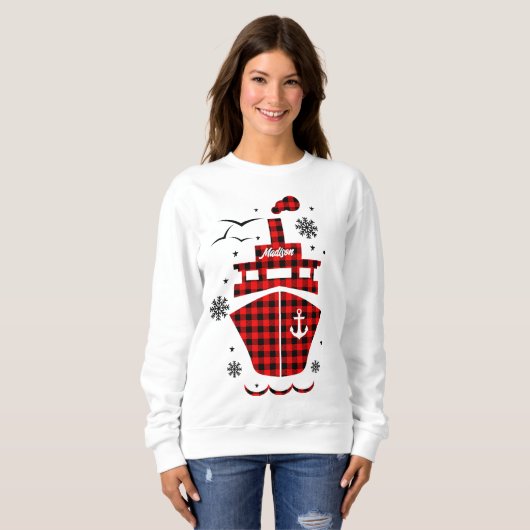 クリスマスクルー格子状ボートシップ名前をカスタムする スウェットシャツ (正面フル)