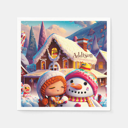 クリスマスクレイプレイデイジンジャーブレッド雪だるま冬 スタンダードカクテルナプキン (正面)