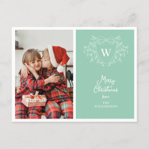 クリスマスクレストの上品なミントと白い写真 シーズンポストカード
