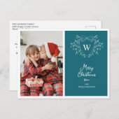 クリスマスクレストの上品な青と白の写真 シーズンポストカード (正面/裏面)