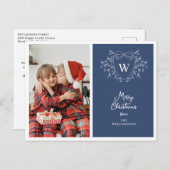 クリスマスクレストの上品な青と白の写真 シーズンポストカード (正面/裏面)