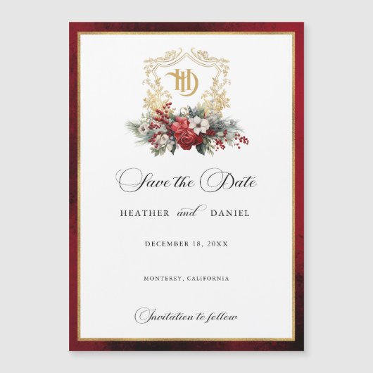 クリスマスクレストモノグラム結婚式の日付を保存 マグネット招待状 (正面)