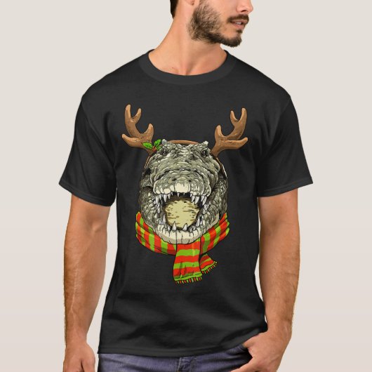 クリスマスクロコダイルアリゲーターサンタ節トナカイ Tシャツ (正面)