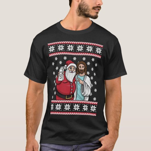 クリスマスグラフィックサンタとイエズスジンルブロスミルク Tシャツ (正面)
