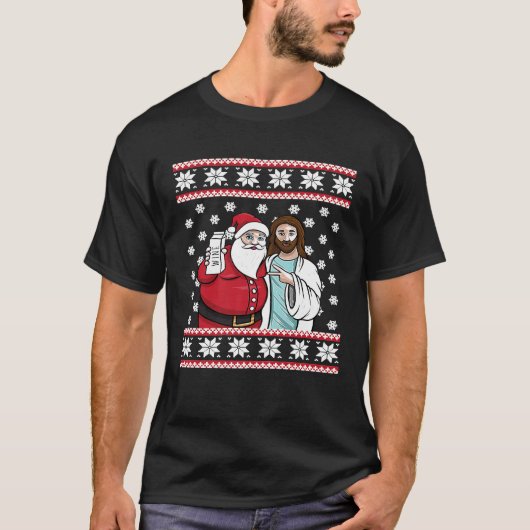 クリスマスグラフィックサンタ・イエズスジンルブロスワイン値リスト Tシャツ (正面)