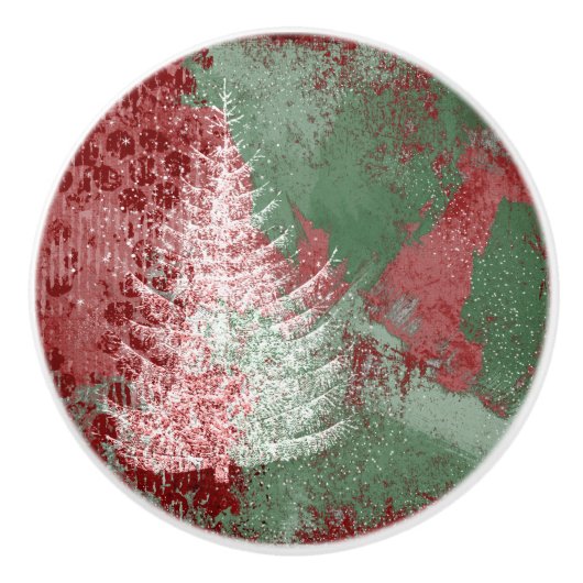 クリスマスグランジ |赤い緑と白いクリスマスツリー セラミックノブ (正面)