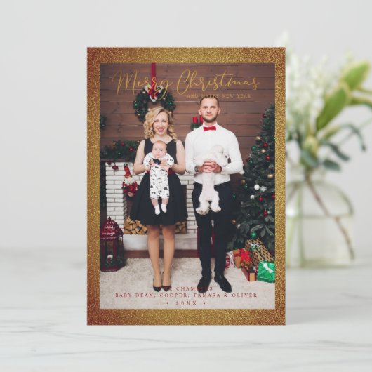 クリスマスグリッターおもしろいフォトファミリーお洒落 シーズンカード (スタンド正面)