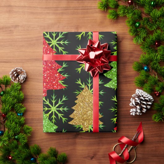 クリスマスグリッターの木と黄金の雪片 ラッピングペーパー (クリスマスギフト)