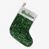 クリスマスグリッターシークイングラムグリーンパーソナライズされた スモールクリスマスストッキング (正面 (吊り時))