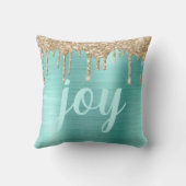 クリスマスグリッタードリップスティール（緑がかった色）メタリックタイポグラフィ クッション (裏面)