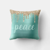 クリスマスグリッタードリップティール(緑がかった色)タイポグラフィメタリック クッション (裏面)