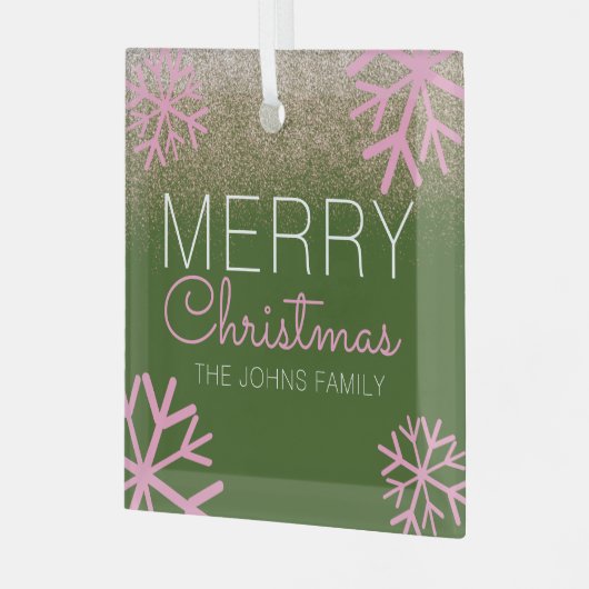 クリスマスグリッターピンクスノーフレークスガラスオーナメント ガラスオーナメント (正面左)