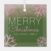 クリスマスグリッターピンクスノーフレークスガラスオーナメント ガラスオーナメント (正面)