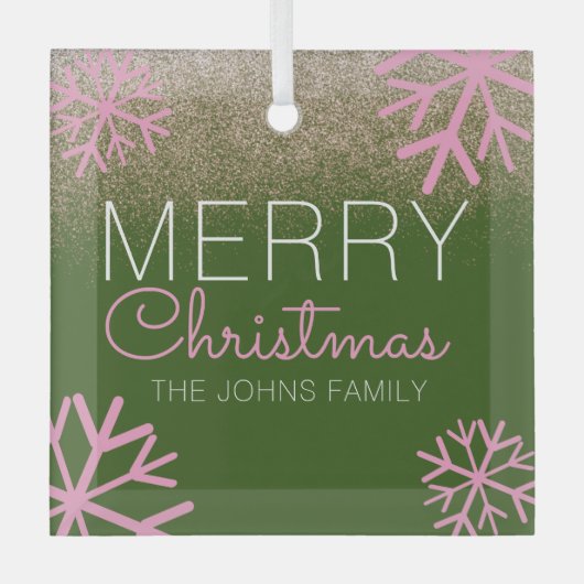 クリスマスグリッターピンクスノーフレークスガラスオーナメント ガラスオーナメント (正面)