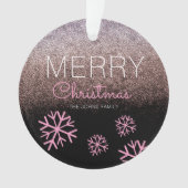 クリスマスグリッターピンクスノーフレークスブラック オーナメント (正面)