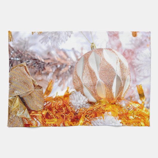 クリスマスグリッターピンク&ホワイトボール キッチンタオル (横)