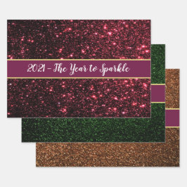 クリスマスグリッターレッドグリーン金ゴールド3-pc新年 ラッピングペーパーシート