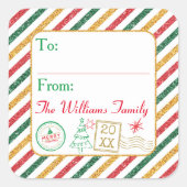 クリスマスグリッター航空便ラベルギフトラベル スクエアシール (正面)