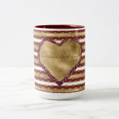 クリスマスグリッター金ゴールド赤いハートストライプ ツートーンマグカップ (中央)