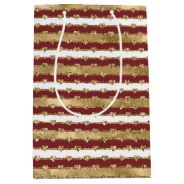 クリスマスグリッター金ゴールド赤いハートストライプ ミディアムペーパーバッグ