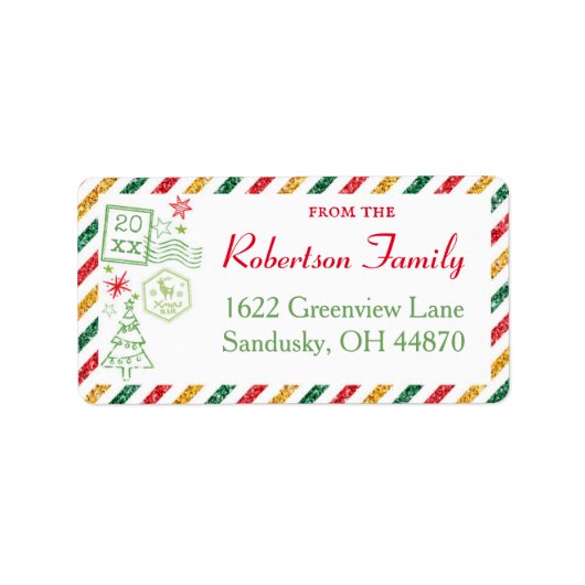 クリスマスグリッター ヴィンテージ航空便発送ラベル ラベル (正面)