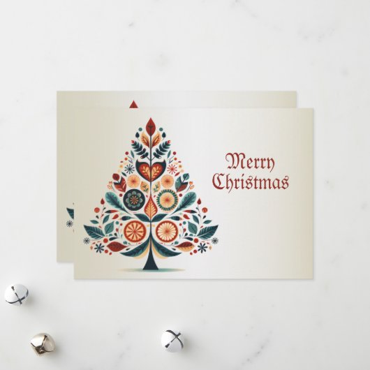 クリスマスグリーティングカラフルツリーフォークアート シーズンカード (正面/裏面インサイチュ)