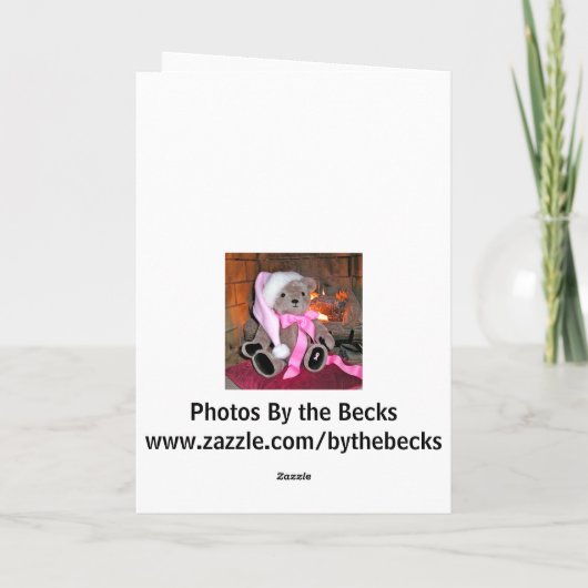 クリスマスグリーティングカードテディベアのピンクの帽子。 シーズンカード (裏面)