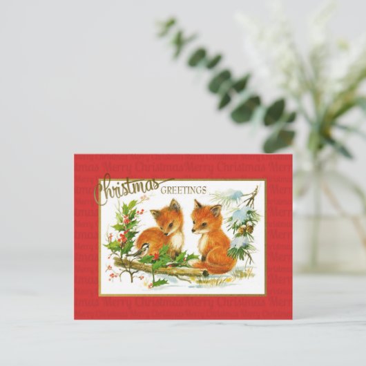 クリスマスグリーティングキツネヴィンテージの再生 シーズンポストカード (スタンド正面)
