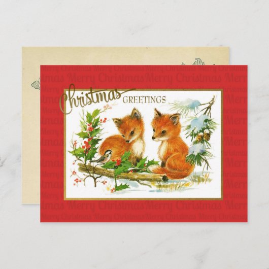 クリスマスグリーティングキツネヴィンテージの再生 シーズンポストカード (正面/裏面)
