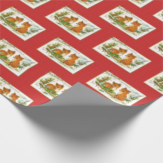 クリスマスグリーティングキツネヴィンテージの再生 ラッピングペーパー (角)