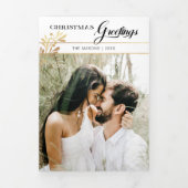 クリスマスグリーティングスクリプト/Glam金ゴールド葉の写真 三つ折りクリスマスカード (カバー)