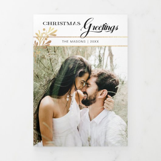 クリスマスグリーティングスクリプト/Glam金ゴールド葉の写真 三つ折りクリスマスカード (カバー)