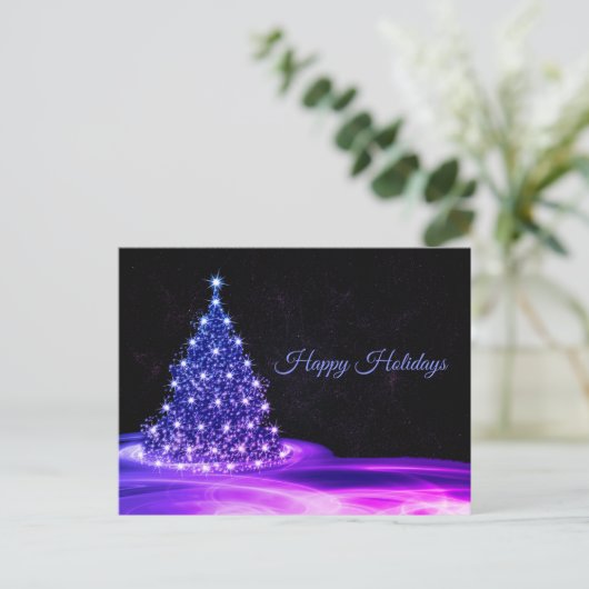 クリスマスグリーティングピンクブルー光沢のあるウィンターブラック ポストカード (スタンド正面)