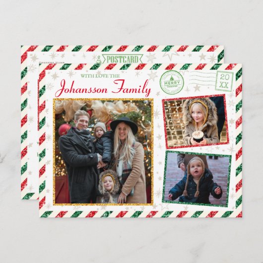 クリスマスグリーティングファミリーフォトグリッター航空便 ポストカード (正面/裏面)