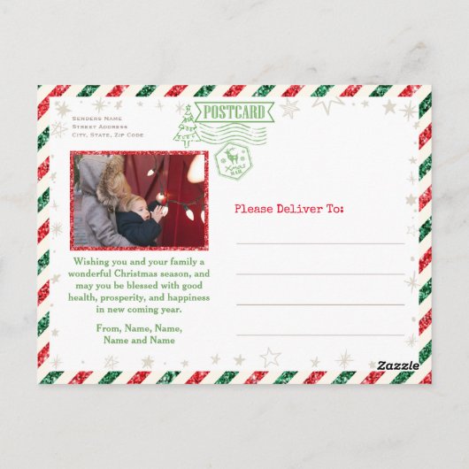 クリスマスグリーティングファミリーフォトグリッター航空便 ポストカード (裏面)