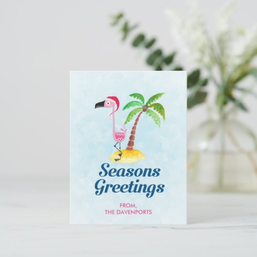 クリスマスグリーティング ピンクのフラミンゴがサンタ帽をかぶったクリスマス ポストカード (スタンド正面)