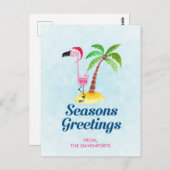 クリスマスグリーティング ピンクのフラミンゴがサンタ帽をかぶったクリスマス ポストカード (正面/裏面)
