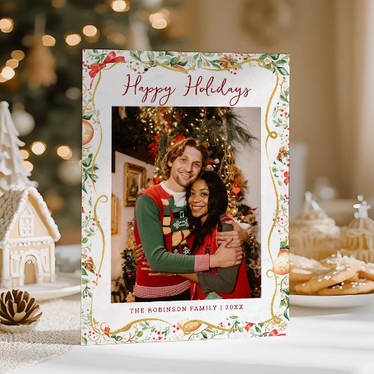 クリスマスグリーナリーパターンハッピーホリデー1写真 シーズンカード