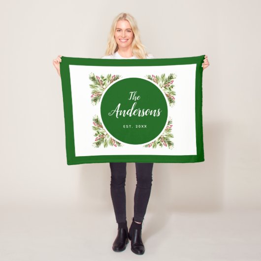 クリスマスグリーンとベリーの家族 フリースブランケット (インサイチュ)