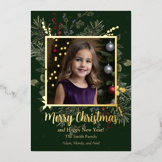 クリスマスグリーンとベリーフォイルホリデーカード 箔シーズンカード (正面)