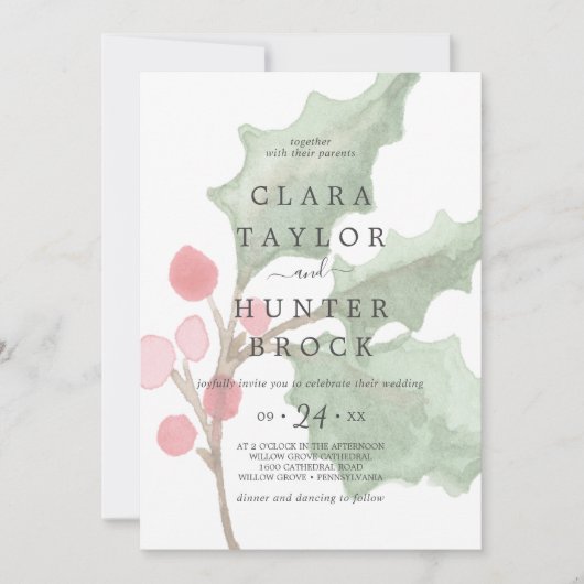 クリスマスグリーンとベリー色あせた結婚葉 招待状 (正面)