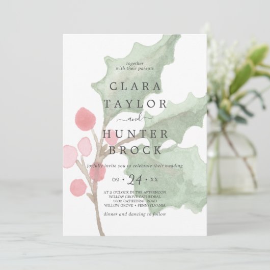 クリスマスグリーンとベリー色あせた結婚葉 招待状 (スタンド正面)