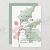 クリスマスグリーンとベリー色あせた結婚葉 招待状 (正面/裏面)