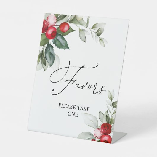 クリスマスグリーンと赤い果実が看板を引き立てる 台座サイン (正面)