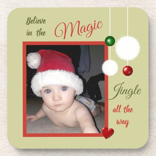 クリスマスグリーンと赤と写真とボーブル コースター (正面)