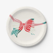 クリスマスグリーンと赤の格子縞が弓の休日で結ばれる ペーパープレート (正面)